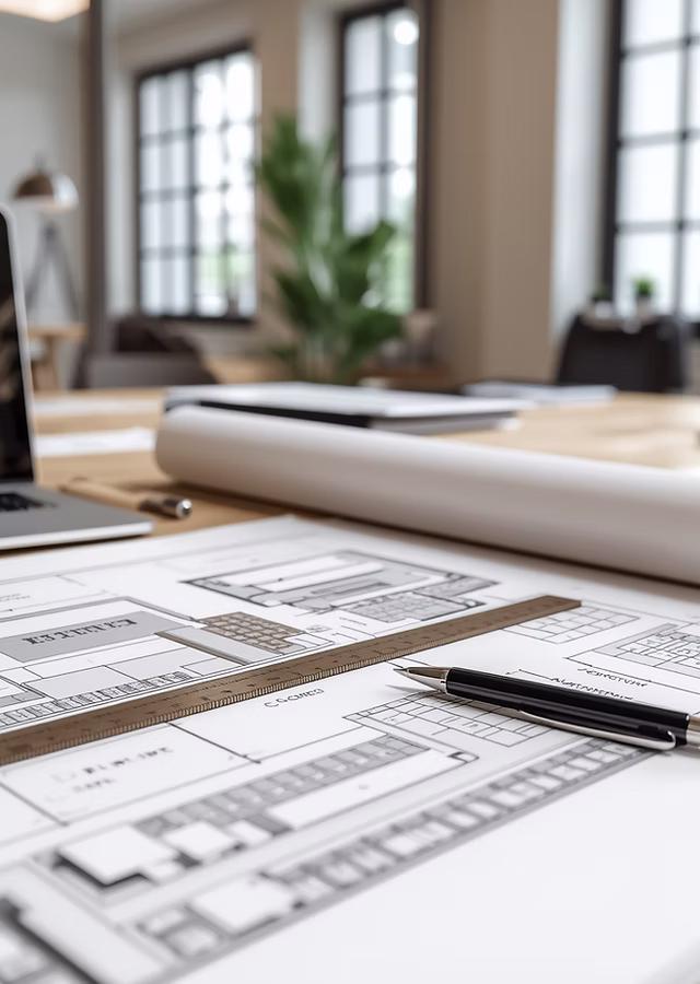 lucid-origin_Realistic_architectural_workspace_with_building_plans_and_documents_on_a_desk